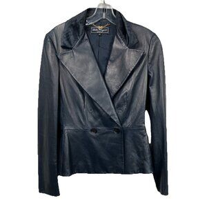 As Is Distressed Salvatore Ferragamo Peplum Leather Lamb Skin Jacket Navy Black